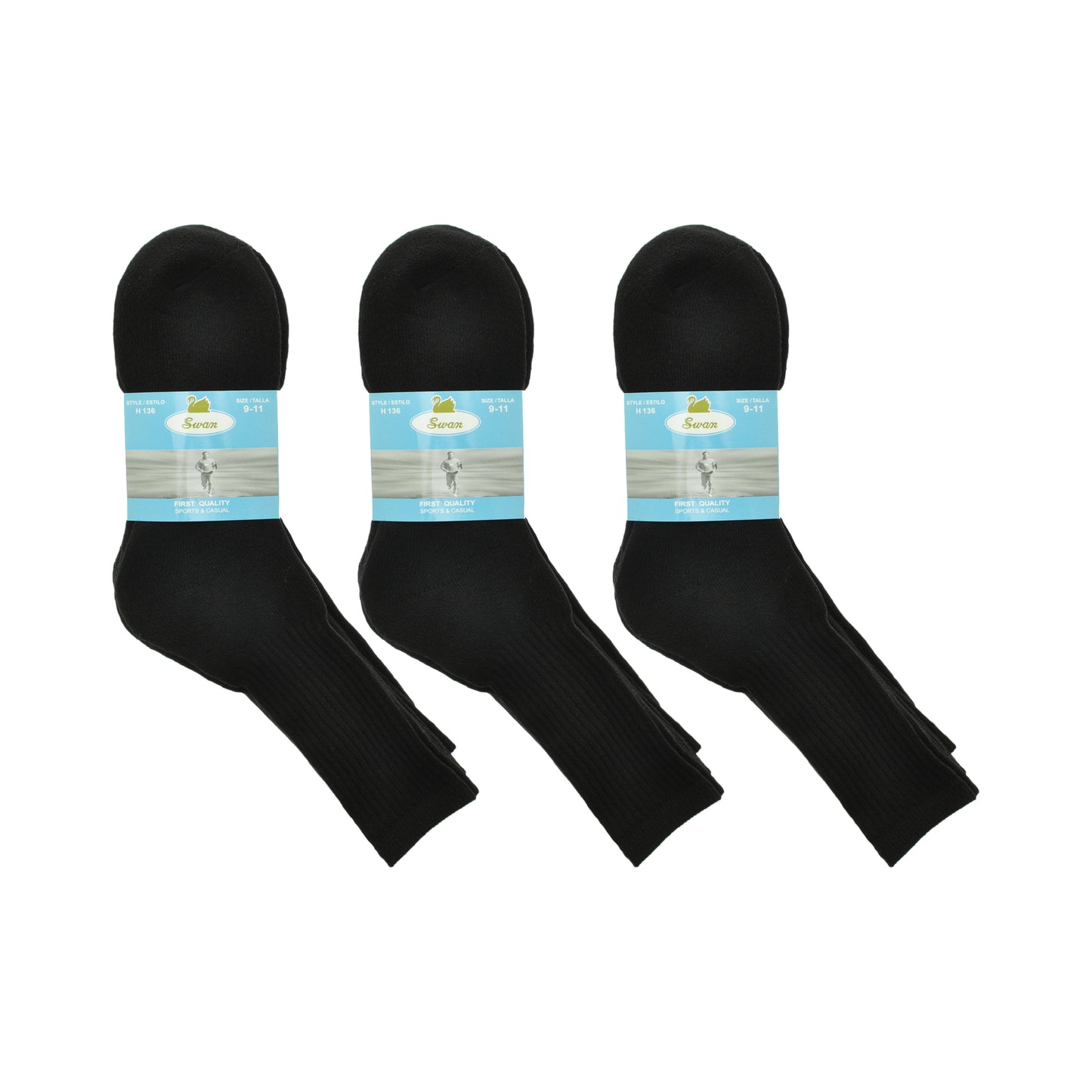 Swan Unisex Black Sport Socks (12-Pairs), #H136