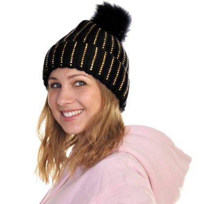 Angelina Pom-Pom Knit Beanies with Rhinestone Accent Design (2-Pack), #WH0075