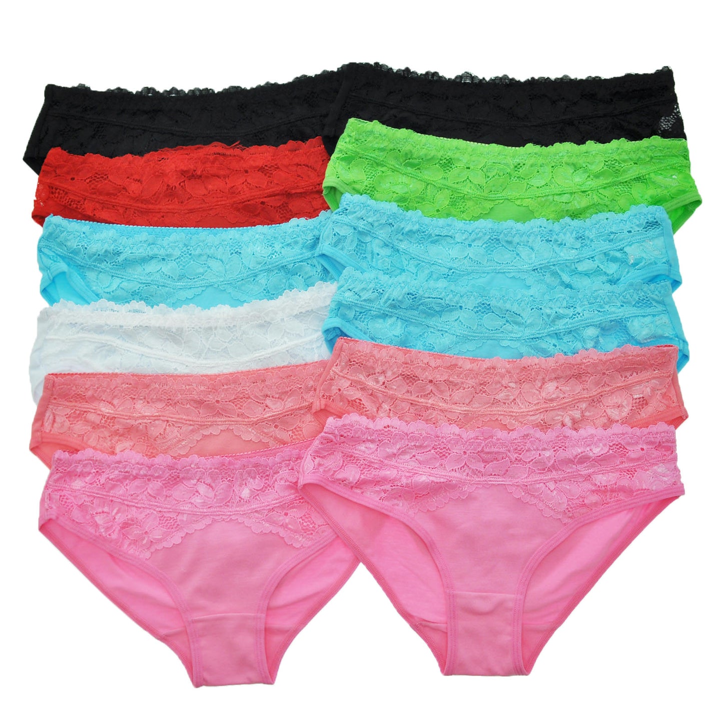 Angelina Cotton See-Through Lace Accented Bikini Panties (12-Pack), #G1184