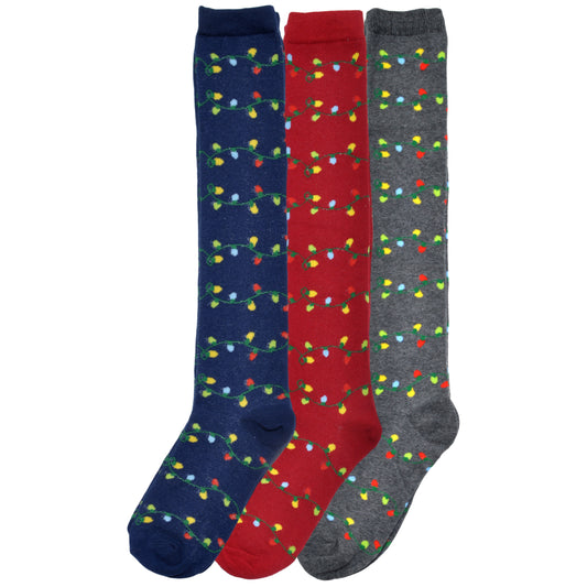 Angelina Novelty Holiday Lights Crew or Knee-High Socks (3-Pairs), #2555