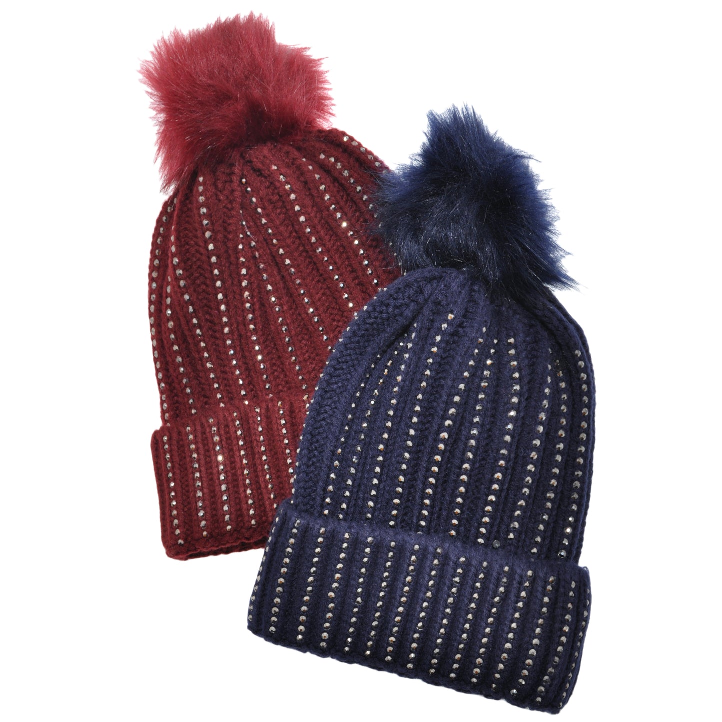 Angelina Pom-Pom Knit Beanies with Rhinestone Accent Design (2-Pack), #WH0075