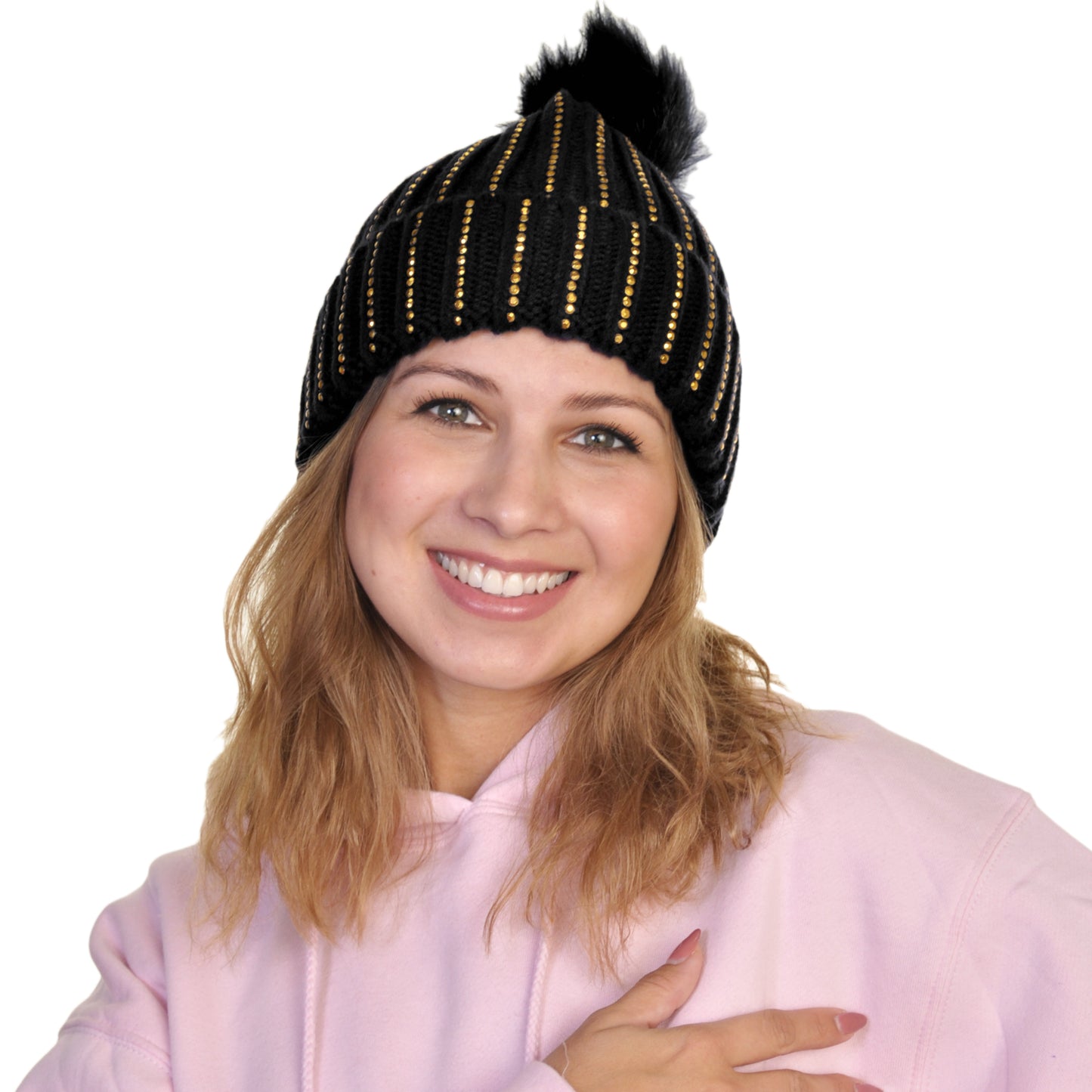 Angelina Pom-Pom Knit Beanies with Rhinestone Accent Design (2-Pack), #WH0075