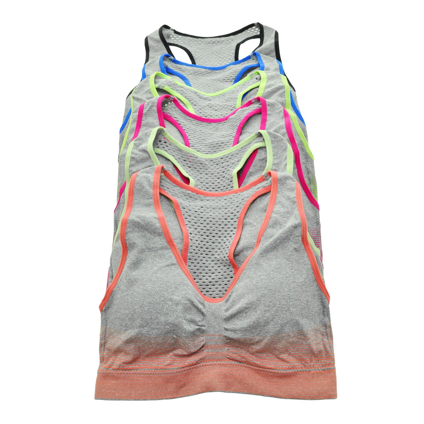 Angelina Mesh T-Back Seamless Sports Bras with Contrasting Trims (6-Pack), #SE845