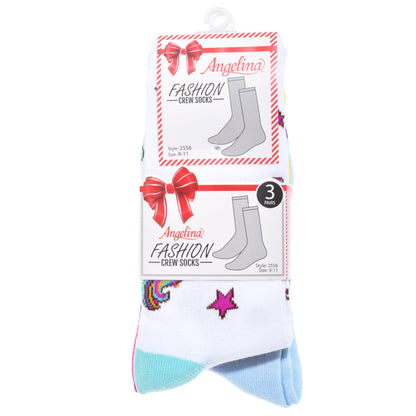 Angelina Novelty Unicorn Crew Socks (3-Pairs), #2556