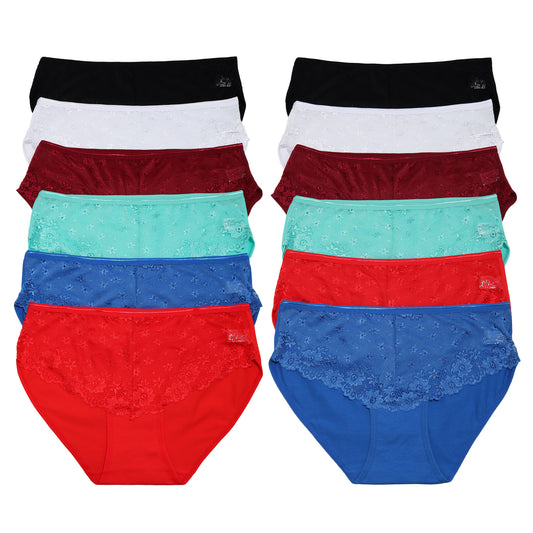 Angelina Cotton Mid-Rise Brief Panties with Front Lace Accent (12-Pack), #G6635