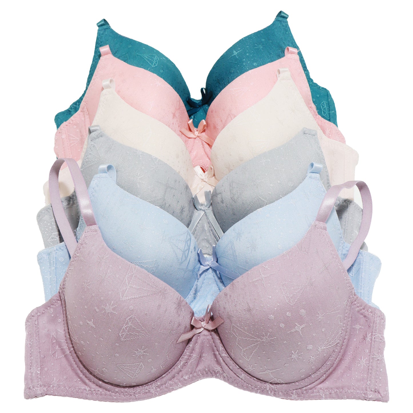 Angelina Wired Bras with Embroidered Diamond Design (6-Pack), #B376