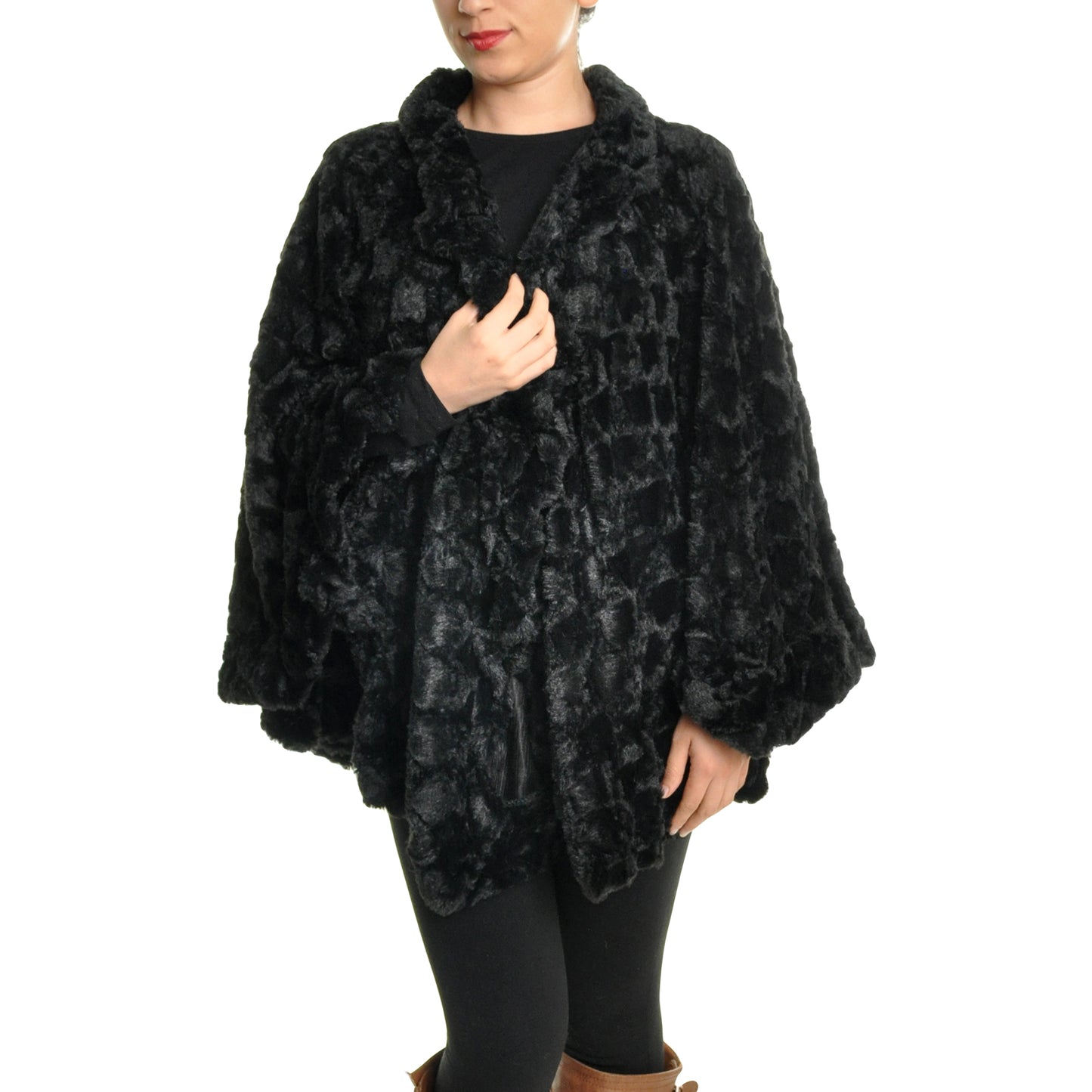Angelina Oversized Faux Fur Poncho, Quilted Pattern, Round (1-Pack), #WN05