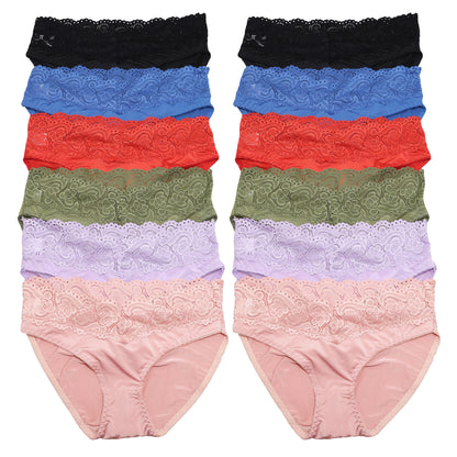 Angelina Satin Bikini Panties with Lace Waist Design (6 or 12 Pack), #B120