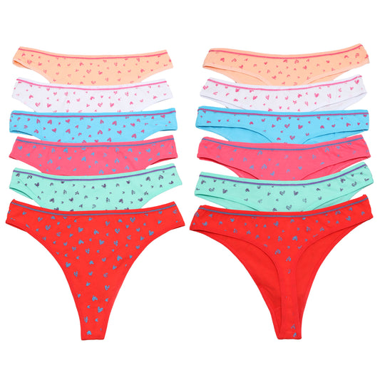 Angelina Cotton Thongs with Heart Pattern Design (12-Pack), #G6494