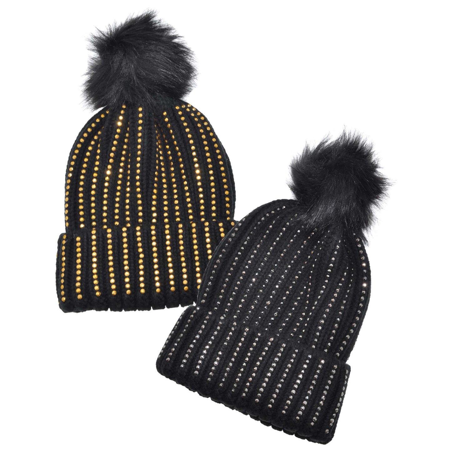 Angelina Pom-Pom Knit Beanies with Rhinestone Accent Design (2-Pack), #WH0075