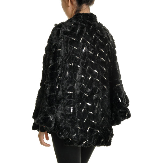 Angelina Oversized Faux Fur Poncho, Chevron Sequins, Round (1-Pack), #WN09