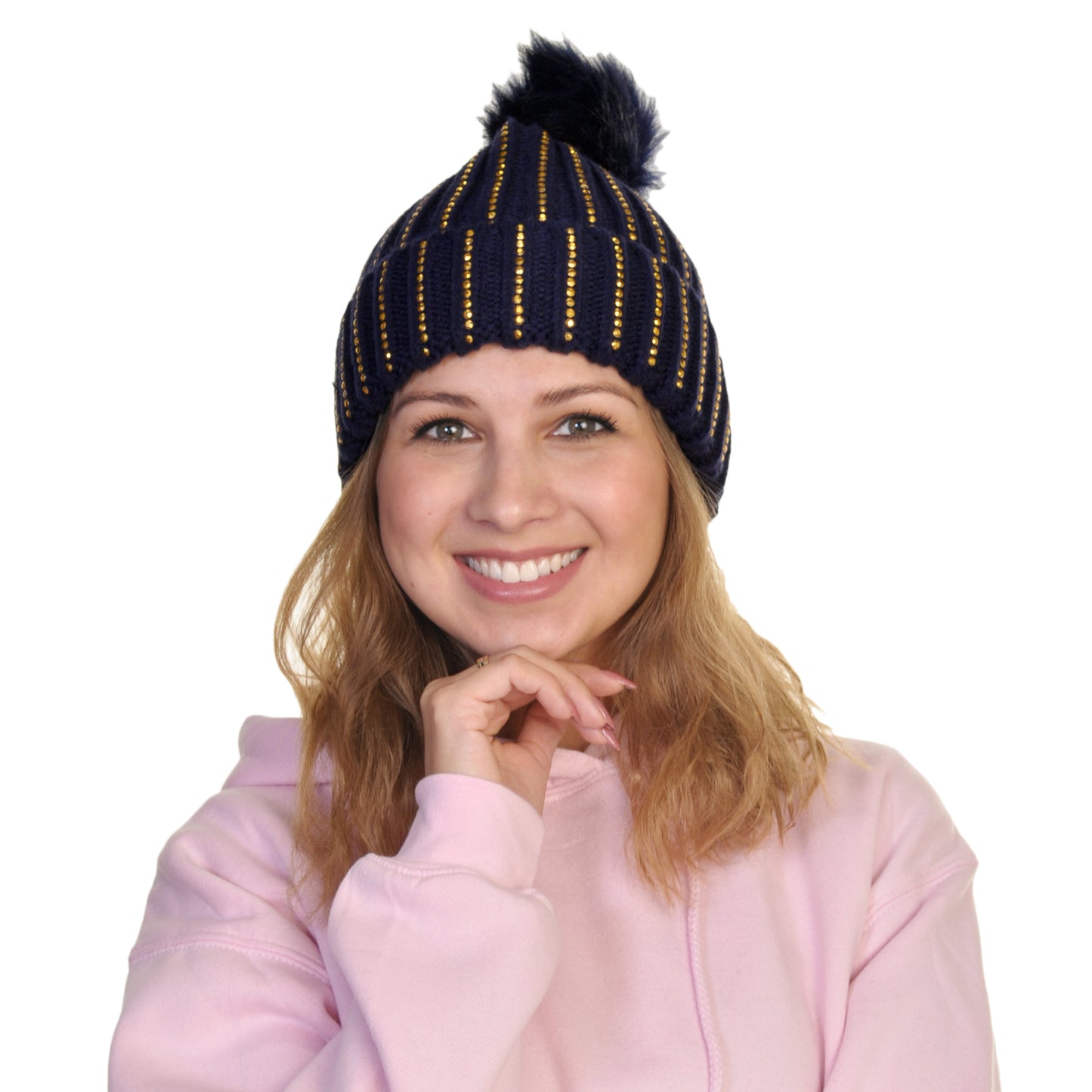 Angelina Pom-Pom Knit Beanies with Rhinestone Accent Design (2-Pack), #WH0075