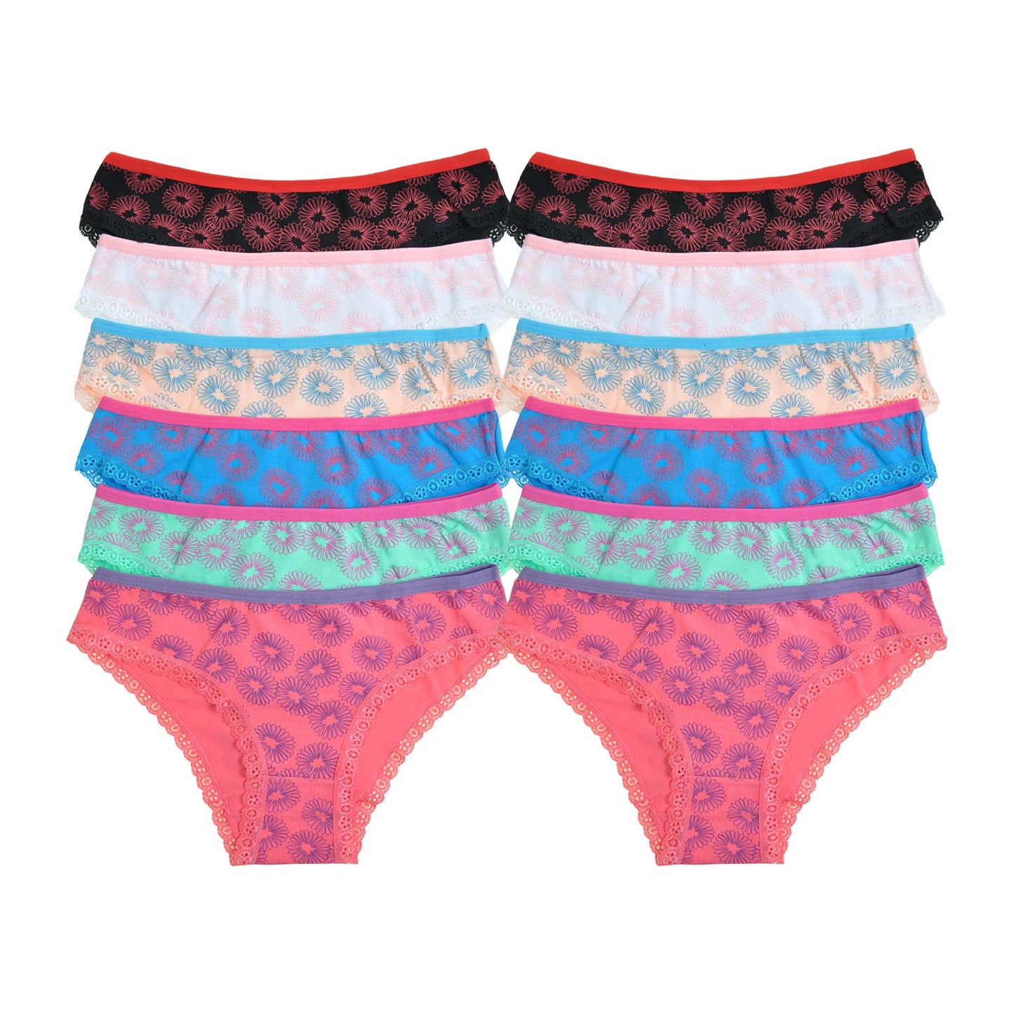 Angelina Cotton Bikini Panties with Flower Print and Lace Trim (12-Pack), #G6381