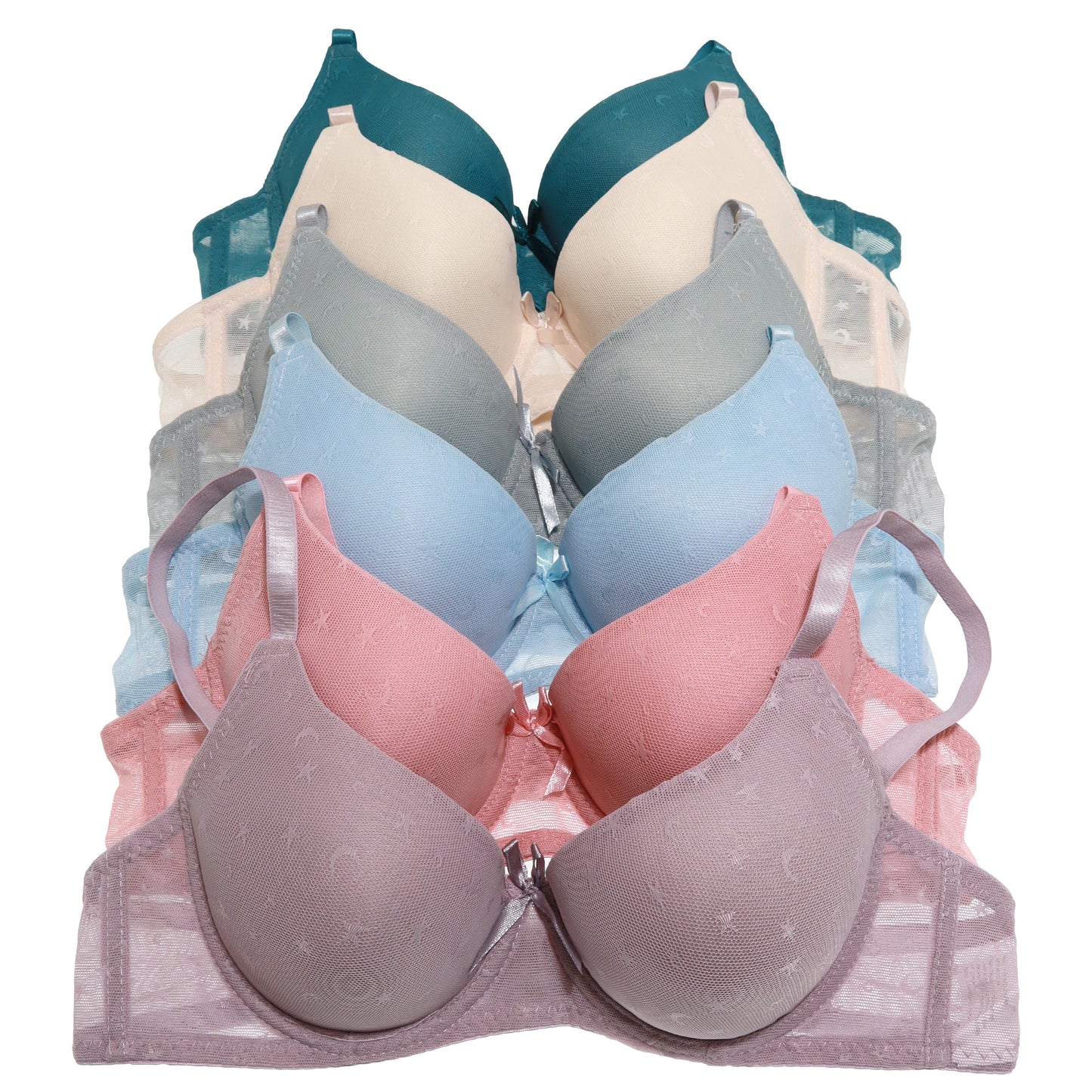 Angelina Wired A-Cup Bras with Mesh Moon and Stars Print Design (6-Pack), #B382A