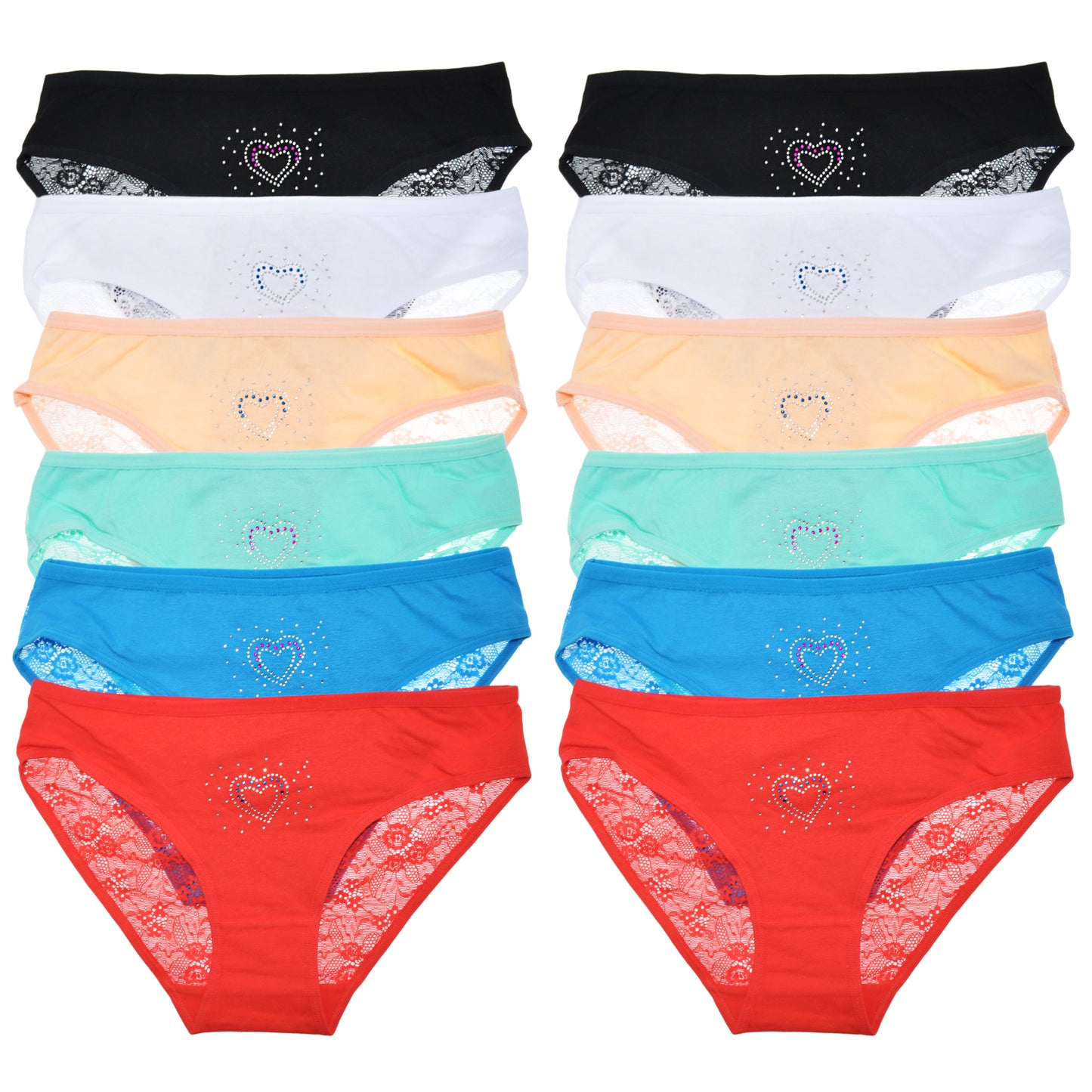 Cotton Hiphugger Panties with Rhinestone Heart Accent Detail (12-Pack), #G6397