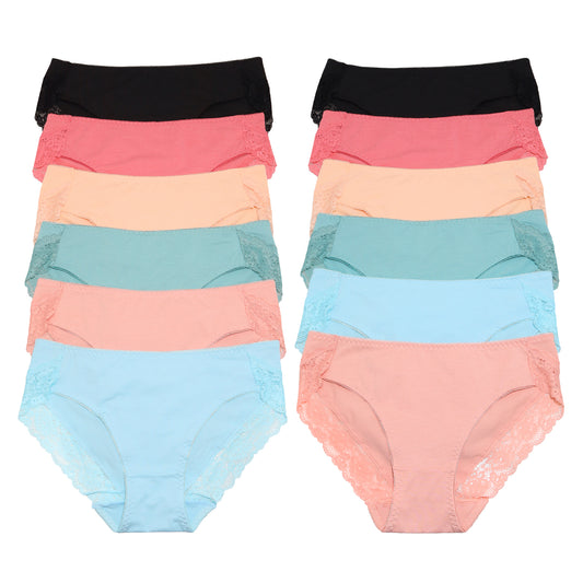 Angelina Cotton Bikini Panties with Back Lace Accent Detail (12-Pack), #G6615
