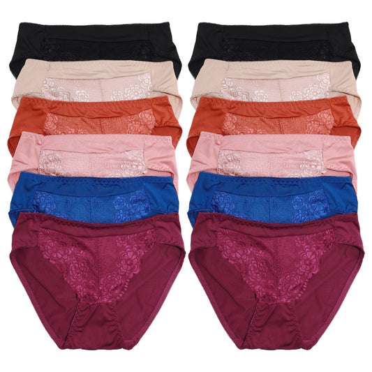Angelina Nylon Bikini Panties with Center Flower Lace (12-Pack), #G6786