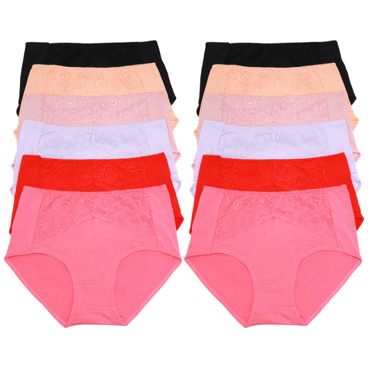 Cotton Mid-Rise Brief Panties with Flower Lace (12-Pack), #6850