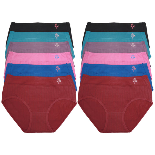 Angelina Ribbed Hiphugger Panties with Rose Detail (12-Pack), #G6912