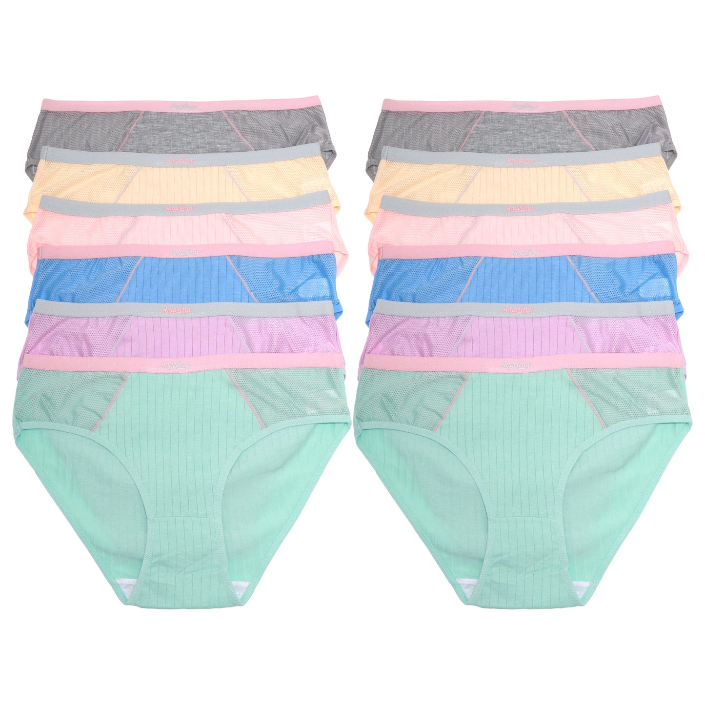 Angelina Ribbed Cotton Bikini Panties with Mesh Panels (12-Pack), #G6918