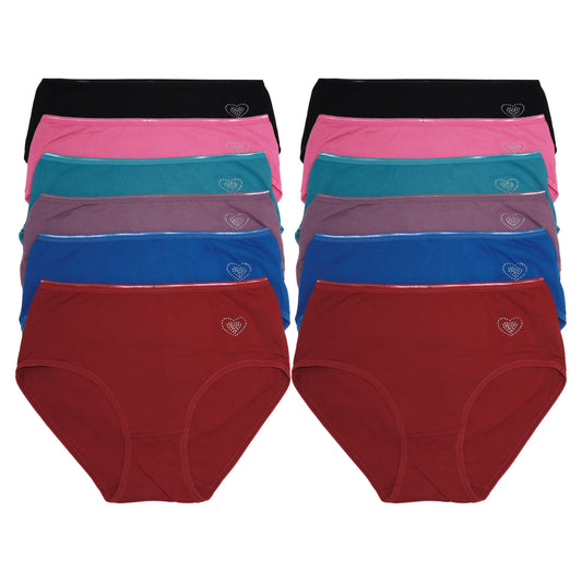 Angelina Mid Rise Cotton Panties with Rhinestone Heart Hip Detail (12-Pack), #G6927