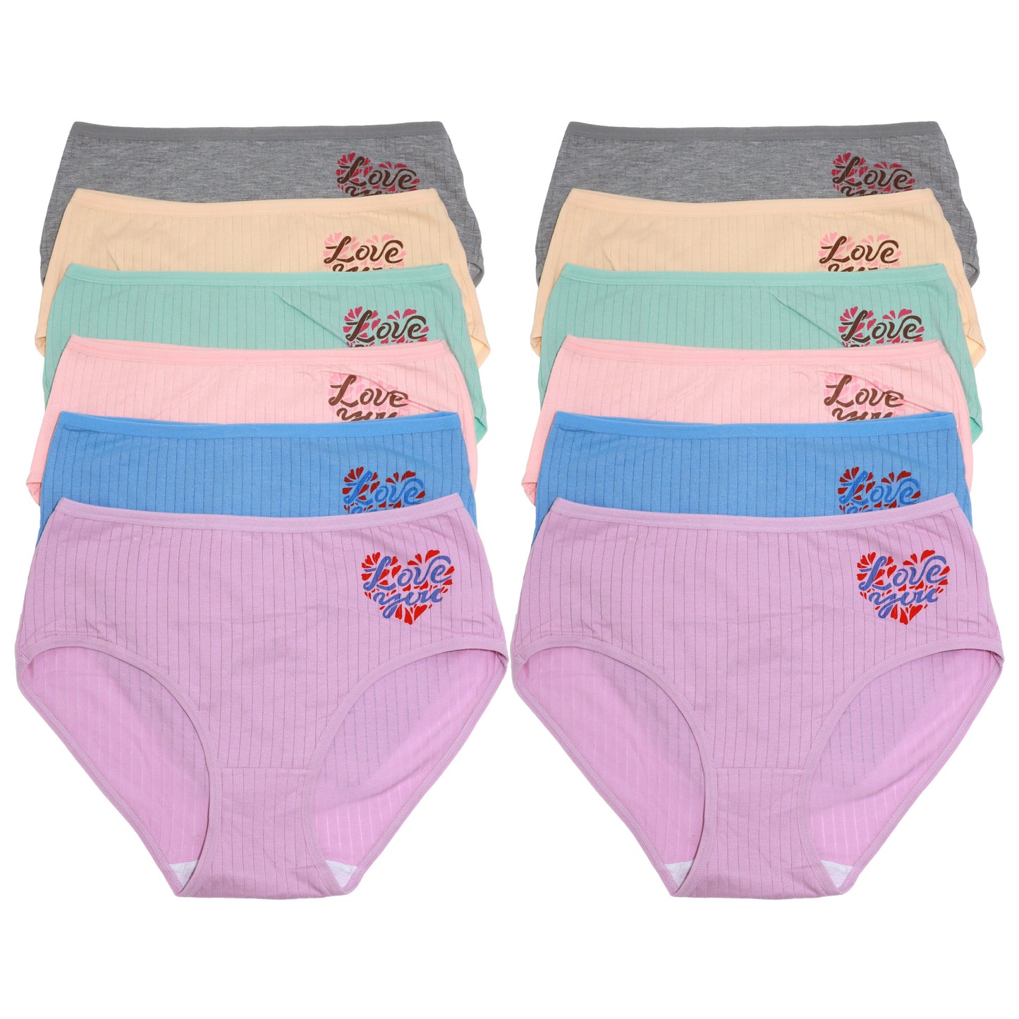 Angelina Cotton Ribbed Mid-Rise Briefs with Love You Detail (12-Pack), #G6929