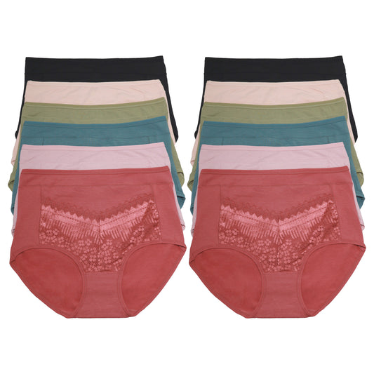 High Rise Lace-Embellished Cotton Brief Panties (12-Pack), #G6955