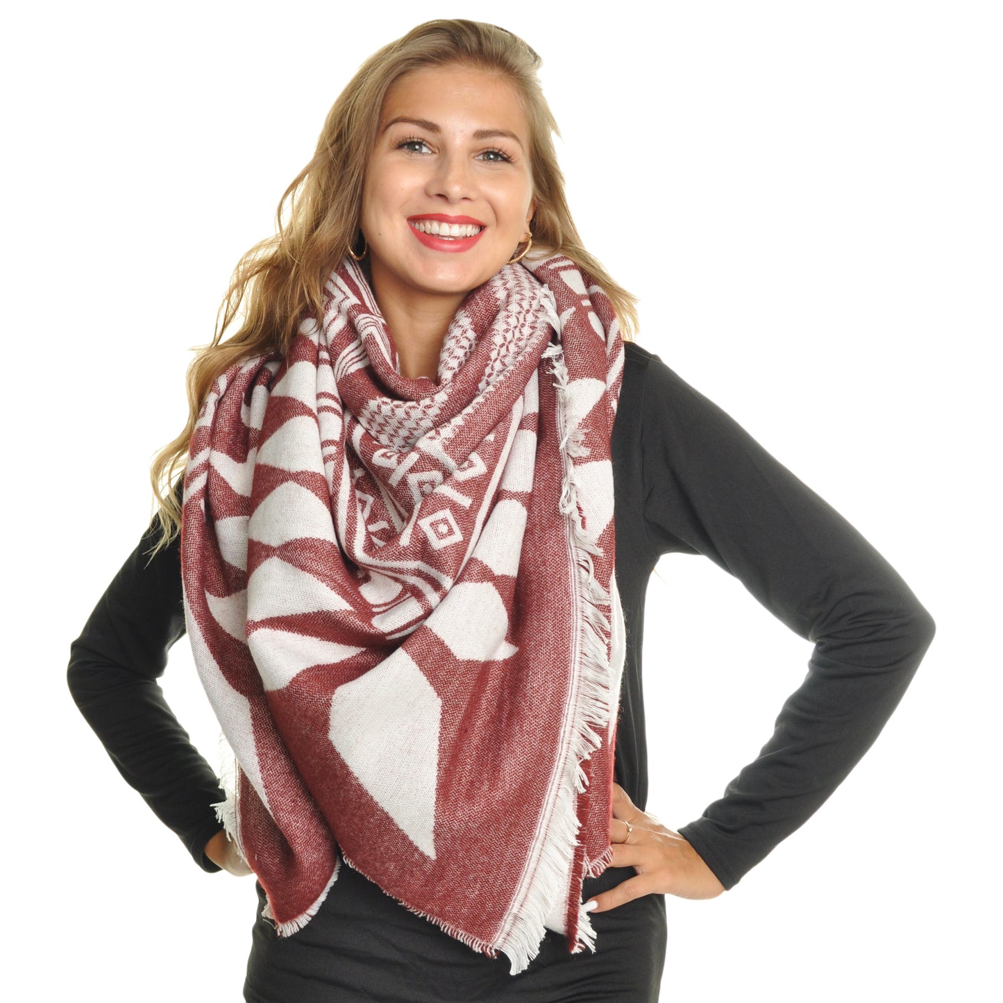Angelina Tribal Print Blanket Scarf with Fringe Edge (1-Pack), #WN1062