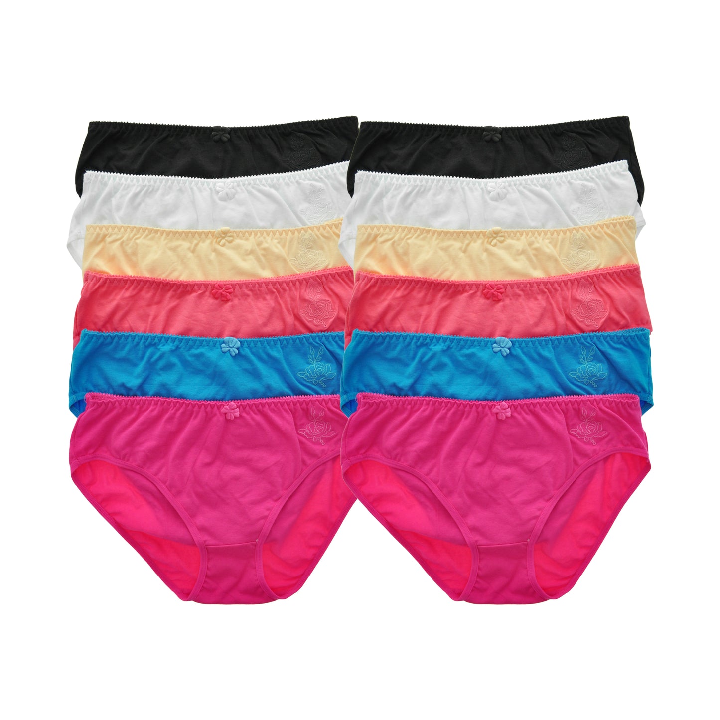 Angelina Cotton Mid-Rise Bikini with Embroidered Rose Design (12-Pack), #G3075