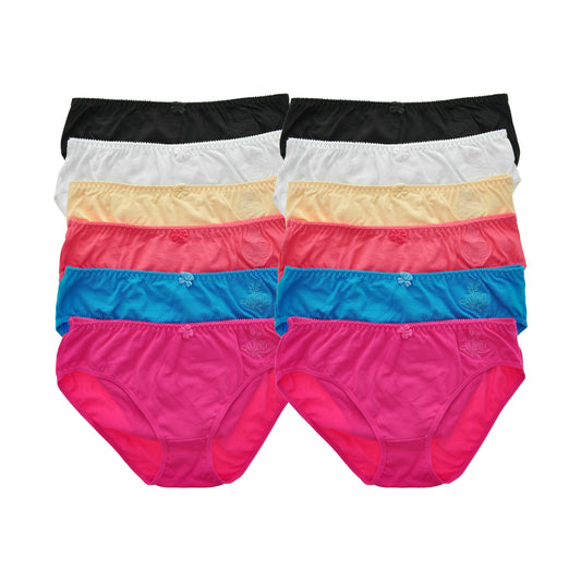 Angelina Cotton Mid-Rise Bikini with Embroidered Rose Design (12-Pack), #G3075