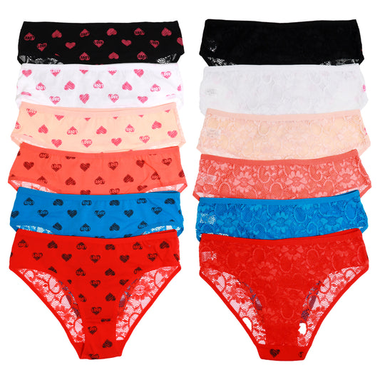 Angelina Cotton Bikini Panties with Heart Prints and Floral Lace Back (12-Pack), #G6747
