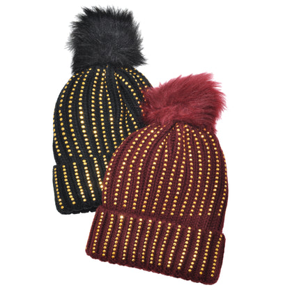 Angelina Pom-Pom Knit Beanies with Rhinestone Accent Design (2-Pack), #WH0075
