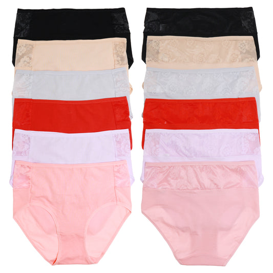 Angelina Cotton Hiphugger Panties with Floral Lace Waist Panel (12-Pack), #G6742