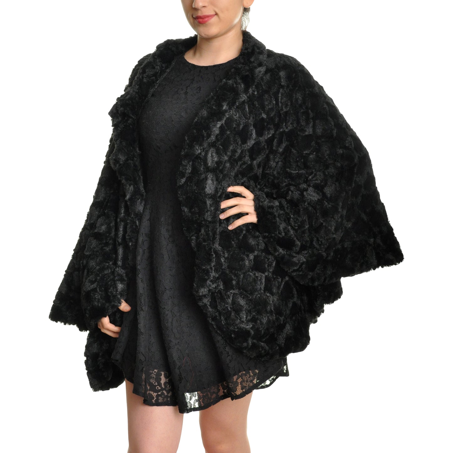 Angelina Oversized Faux Fur Poncho, Quilted Pattern, Round (1-Pack), #WN05