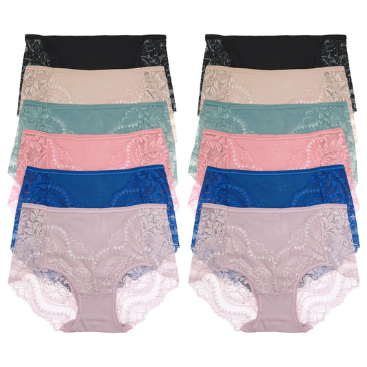 Angelina Cotton High-Rise Brief Panties with Lace Accent (12-Pack), #G6783