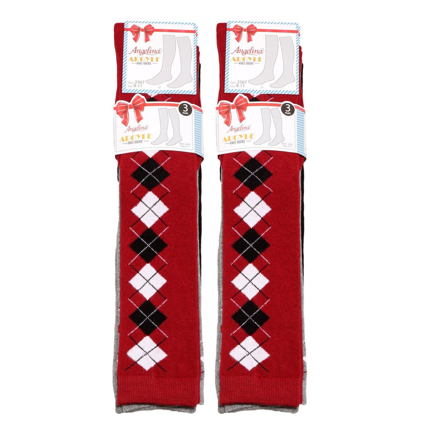 Angelina Argyle Knit Pattern Knee-High Socks (3-Pairs), #2567