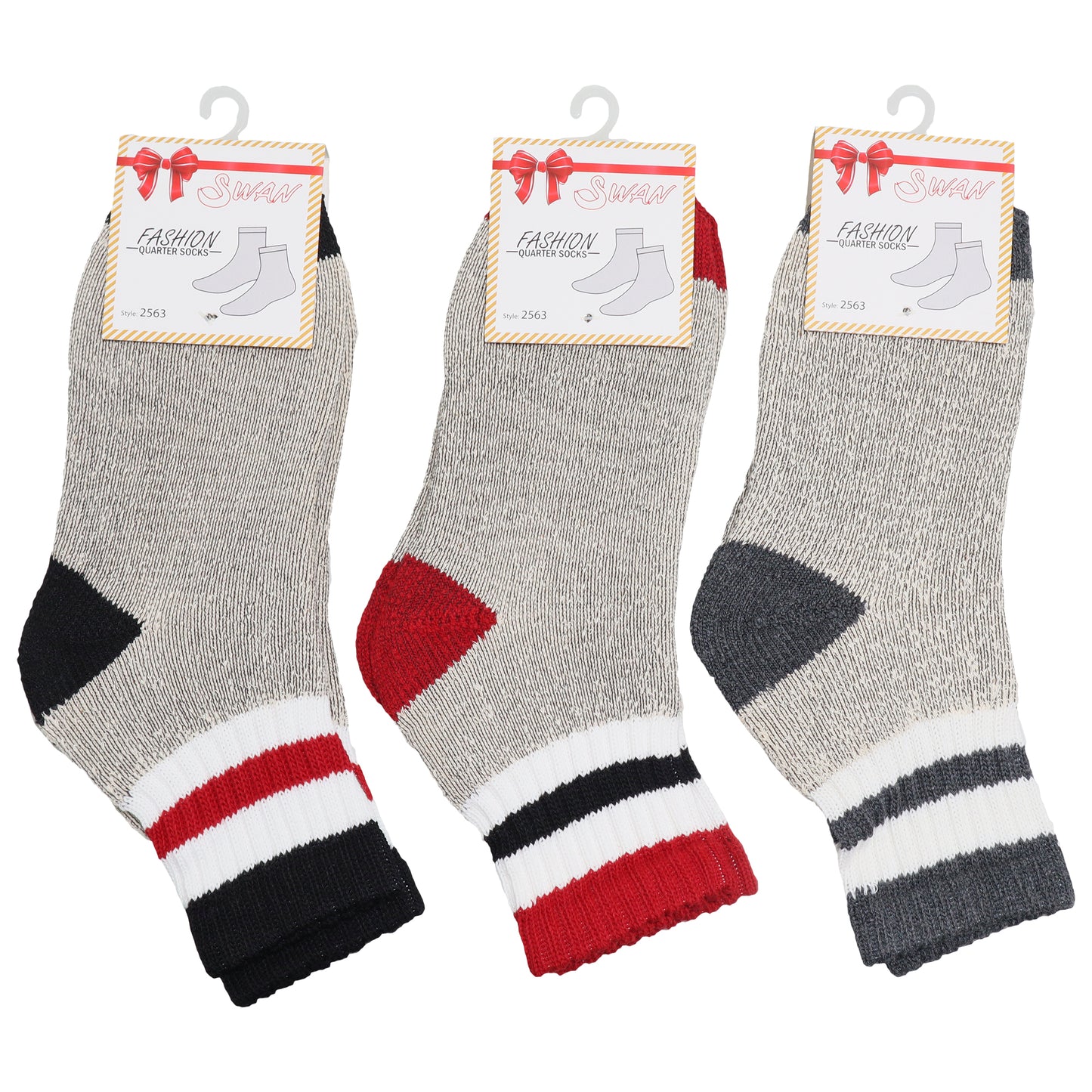 Angelina Unisex Quarter Socks with Striped Pattern Cuff (3-Pairs), #2563