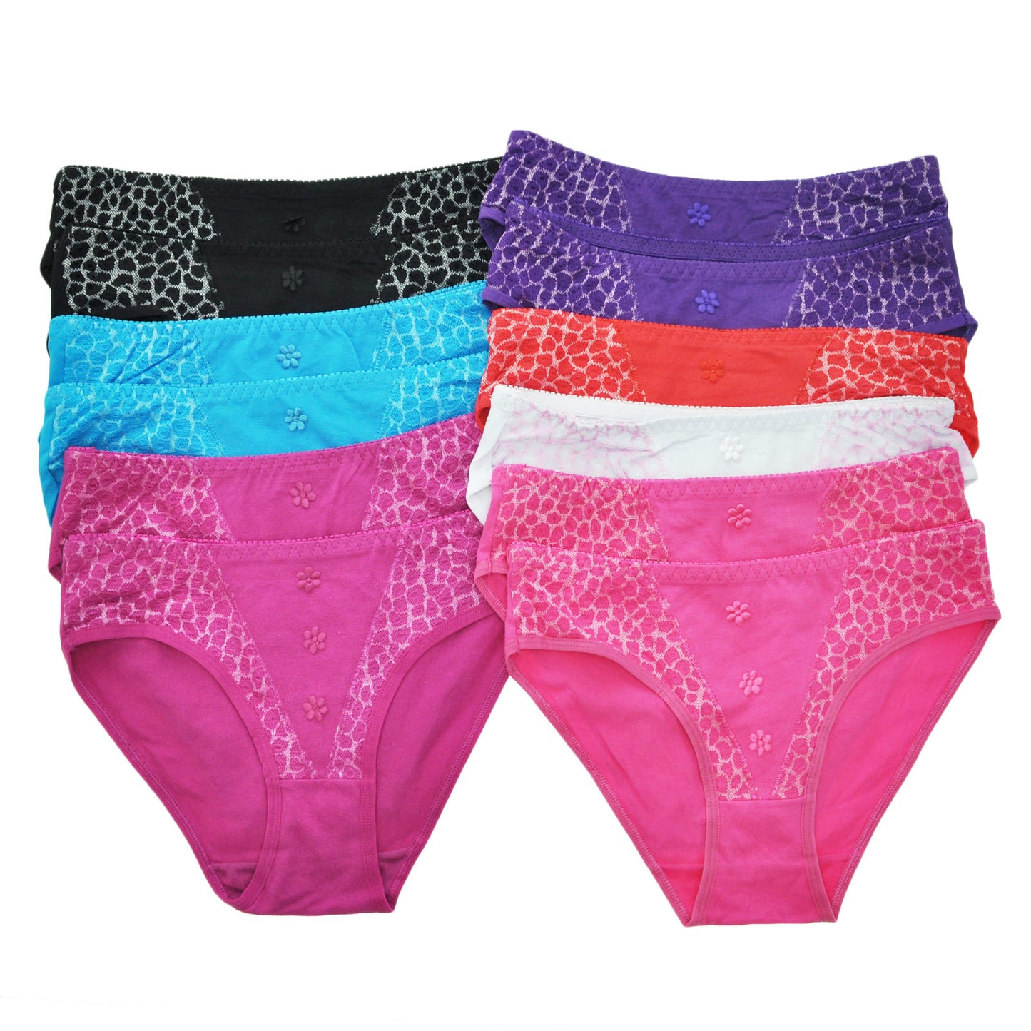 Angelina Cotton Leopard Mesh Flower Decor Bikini Panties (12-Pack), #G1295