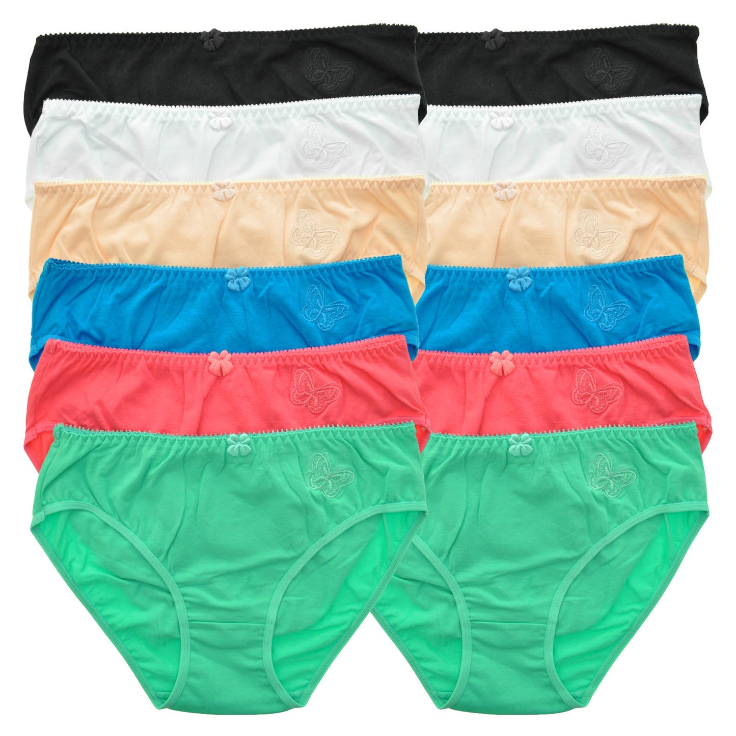 Angelina Cotton Mid-Rise Bikini Panties with Embroidered Butterfly (12-Pack), #G3077