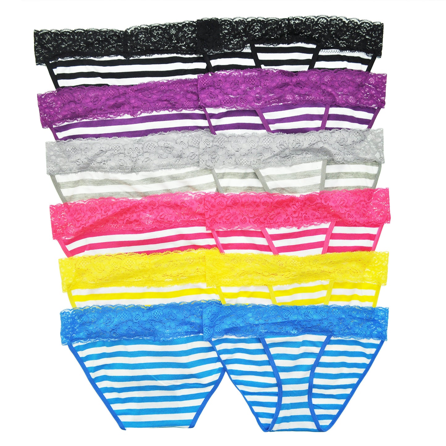 Angelina Cotton Lace Waist Low Rise Stripe Bikini Panties (12-Pack), #G1082