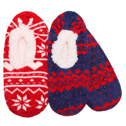 Angelina Winter-Weight Sherpa-Lined Slipper Socks w/ Fair Isle Print (2-Pairs), #WF1921