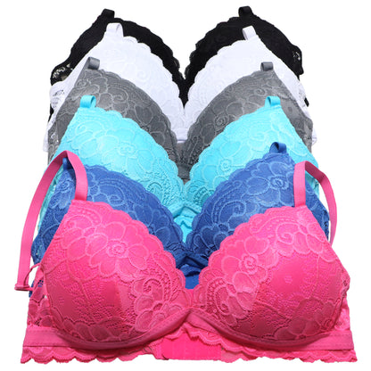 Angelina Wire-Free Demi-Cup Floral Lace Bras with Wide-Wing Support (6-Pack), #B354