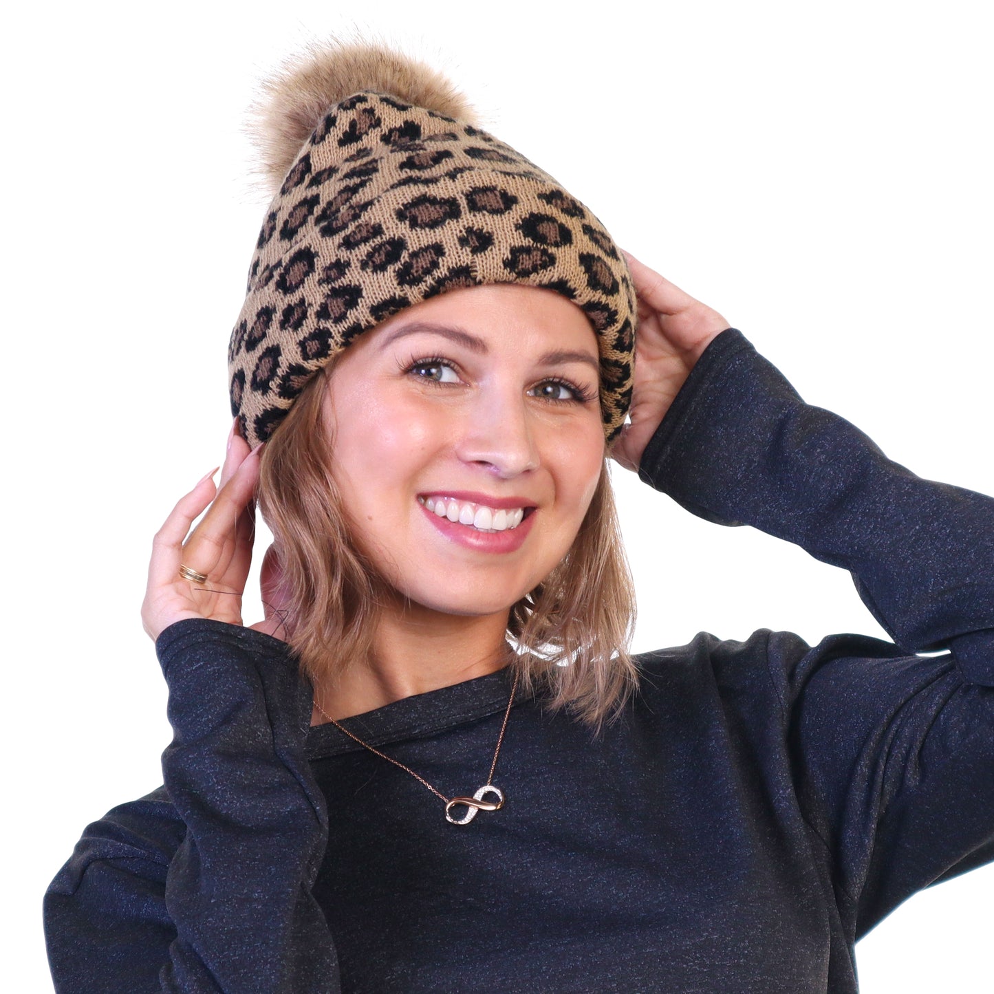 Angelina Women's Pom-Pom Knit Beanies with Leopard Print (3-Pack), #WH0077