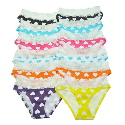 Angelina Cotton Heart Printed Lace Waistband Bikinis (12-Pack), #G3188