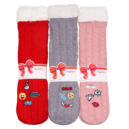 Angelina Winter-Weight Sherpa-Lined Knitted Emoji Thermal Crew Socks (3-Pairs), #WF1923