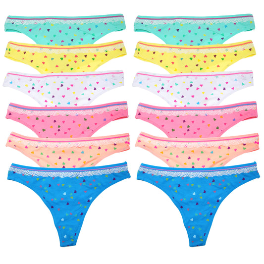 Angelina Cotton Thong Panties with Heart Print Design (12-Pack), #G6391