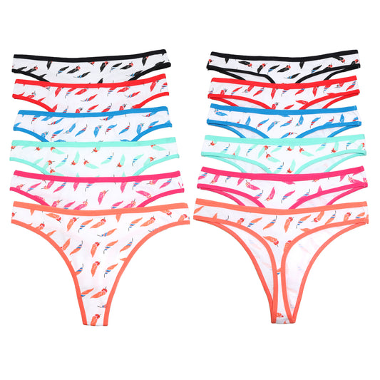 Angelina Cotton Thong Panties with Feather Print Design (12-Pack), #G6495