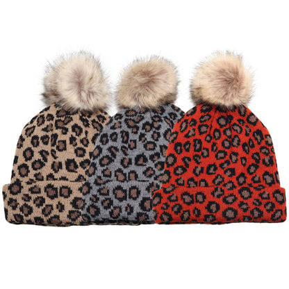 Angelina Women's Pom-Pom Knit Beanies with Leopard Print (3-Pack), #WH0077