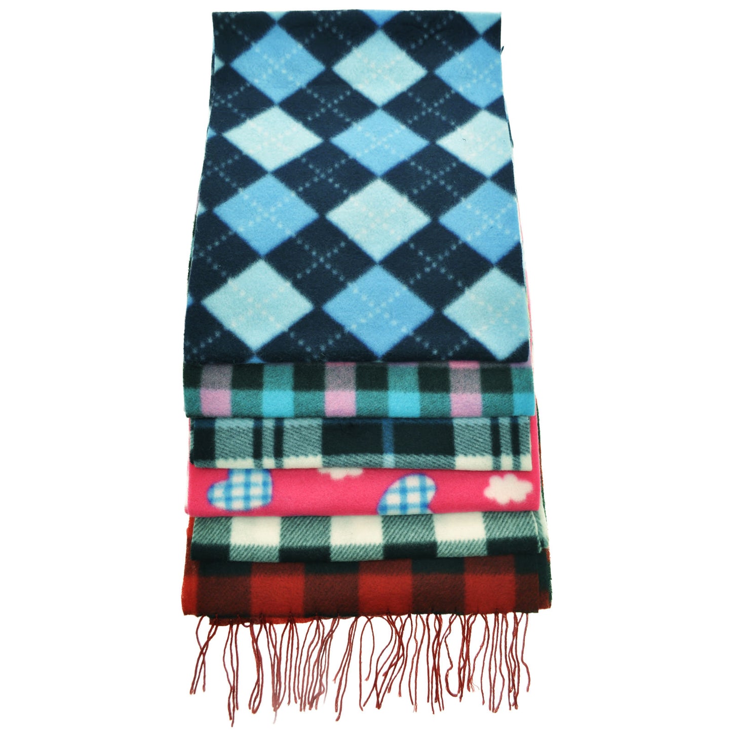 Angelina Winter Warmth Fleece Assorted Designs Fringe Scarves (12-Pack)