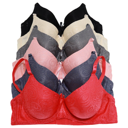 Angelina Wired A-Cup Bras with Swirl Print Design (6-Pack), #B377A